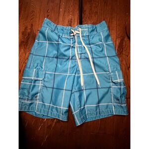 Merona Mens Board Shorts Turquoise Blue Plaid Cargo Swim Trunks Size M